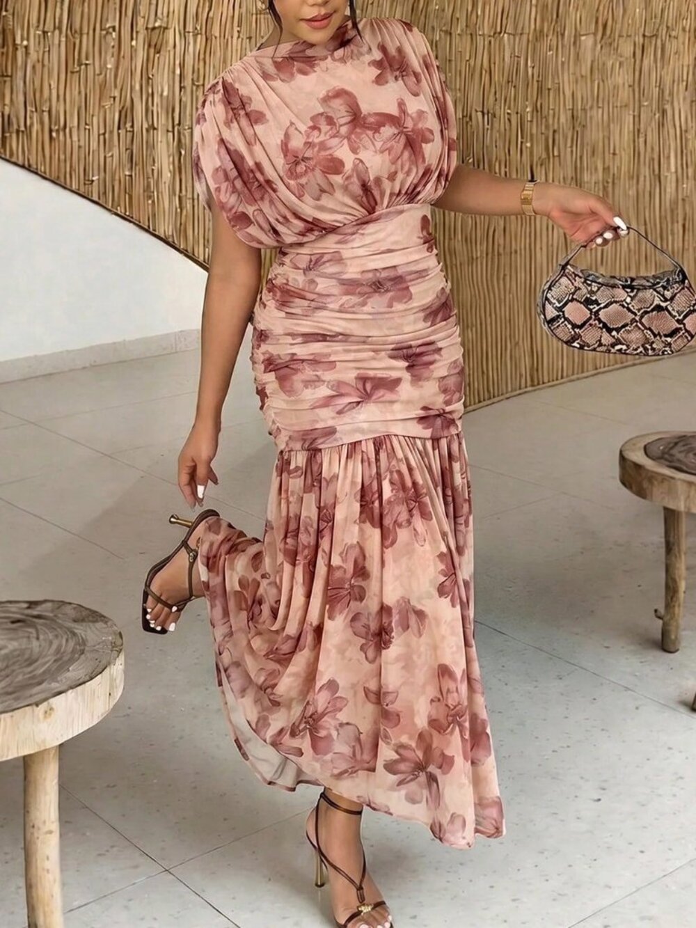 Coffee Brown Elegant Women's Mesh Sheer 2 In 1 Maxi Dress